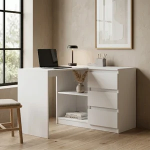 Białe biurko narożne 112 cm z szufladami do biura EVO Białe biurko narożne 112 cm z szufladami do biura EVO