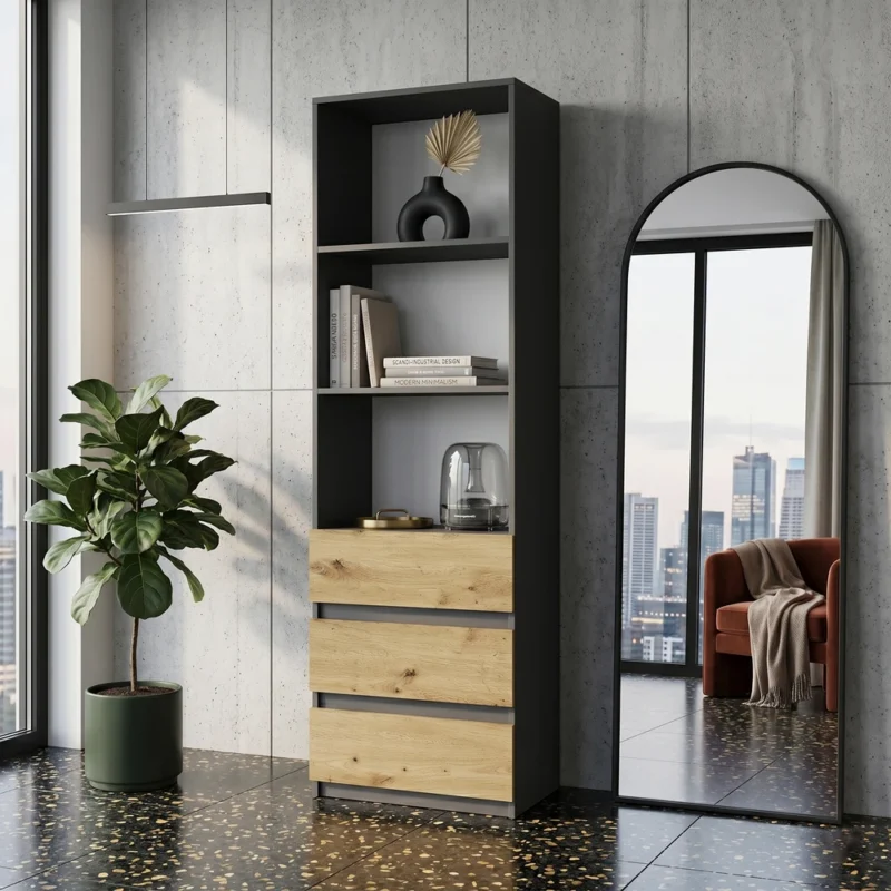 Loftowy regał na książki 60 cm do salonu z szufladami EVO Loftowy regał na książki 60 cm do salonu z szufladami EVO