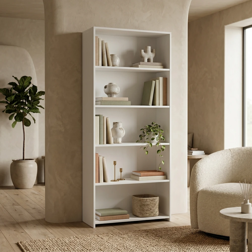 Loftowy regał na książki 80 cm do salonu EVO Minimalistyczny biały regał na książki 80 cm do salonu EVO