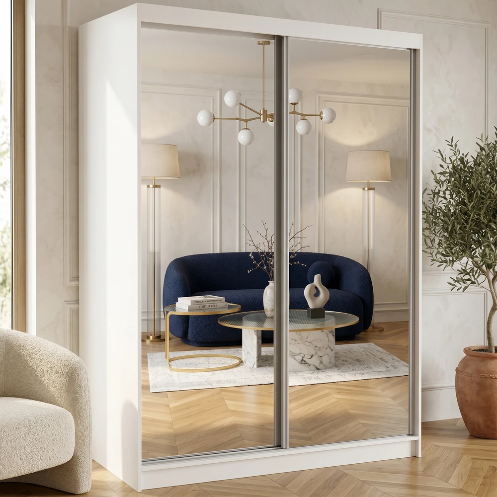 Nowoczesna szafa przesuwna 150 cm z lustrem i półkami VISION dąb artisan Nowoczesna biała szafa przesuwna 150 cm z lustrem i drążkiem VISION