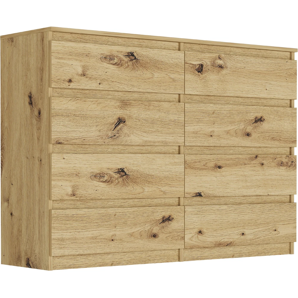 Biała komoda 140 cm z ośmioma szufladami EVO do sypialni Nowoczesna komoda 140 cm z szufladami EVO dąb artisan