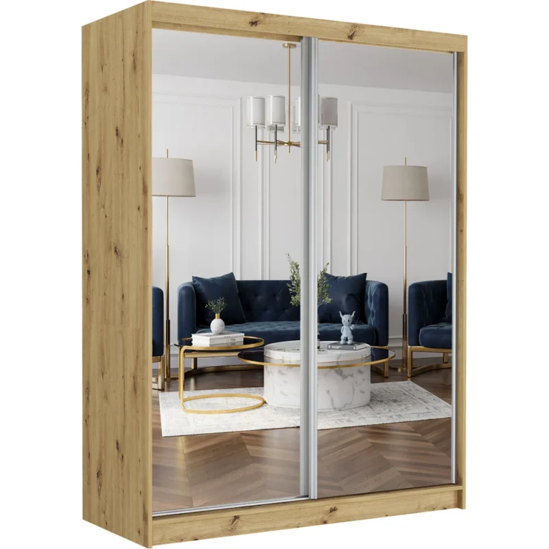 Nowoczesna szafa przesuwna 150 cm z lustrem i półkami VISION dąb artisan Nowoczesna szafa przesuwna 150 cm z lustrem i półkami VISION dąb artisan