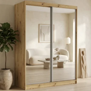 Nowoczesna szafa przesuwna 150 cm z lustrem i półkami VISION dąb artisan Nowoczesna szafa przesuwna 150 cm z lustrem i półkami VISION dąb artisan