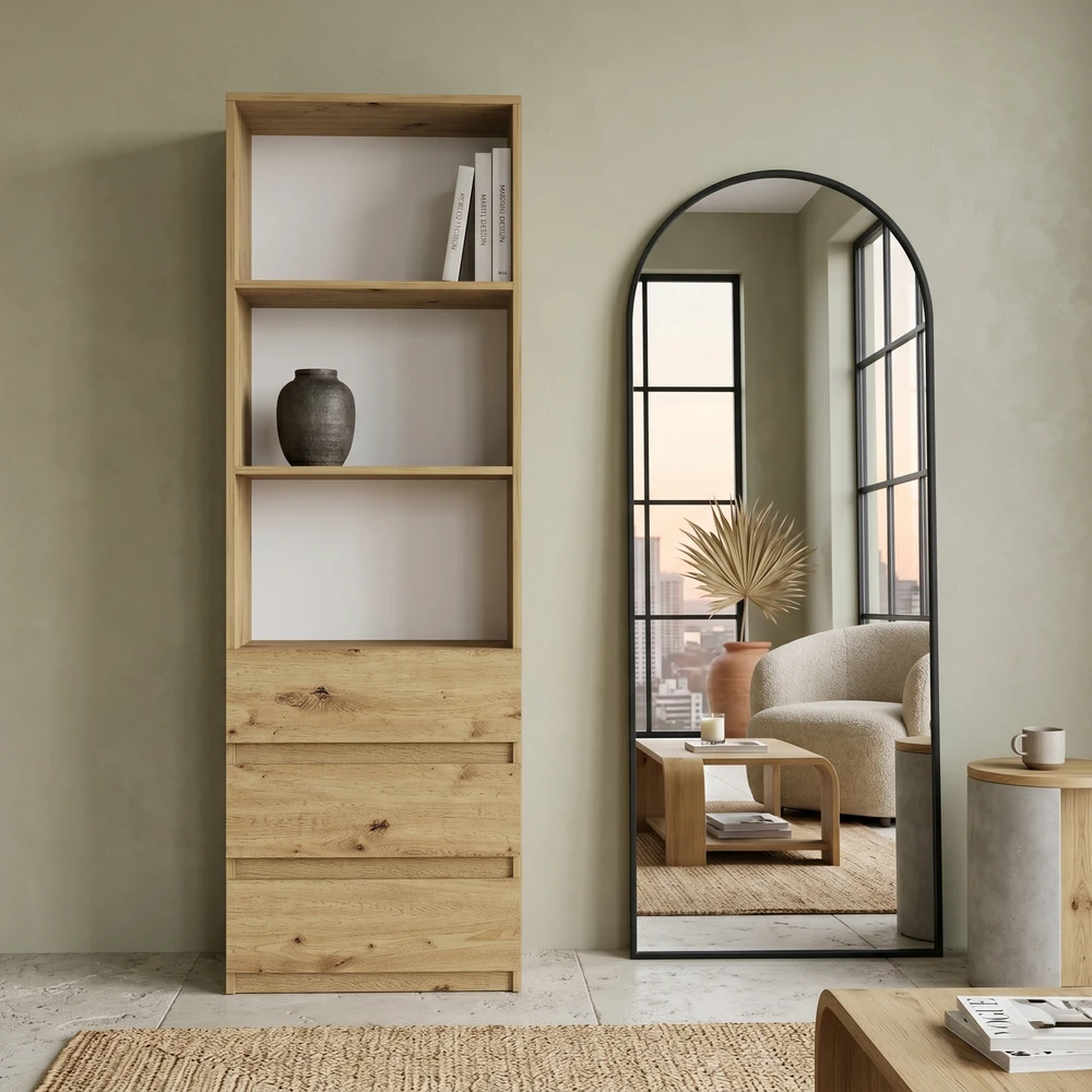 Regał na książki 60 cm do salonu z szufladami EVO antracyt Nowoczesny regał na książki 60 cm z szufladami EVO dąb artisan