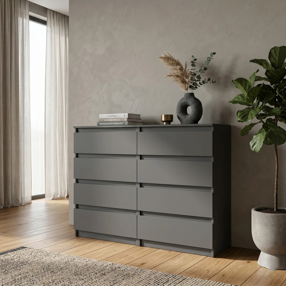 Nowoczesna komoda 140 cm z szufladami EVO dąb artisan Pojemna komoda 140 cm z ośmioma szufladami EVO do sypialni