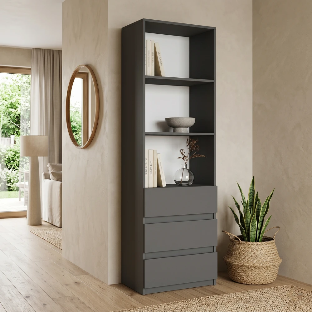 Regał na książki 60 cm do salonu z szufladami EVO antracyt Regał na książki 60 cm do salonu z szufladami EVO antracyt