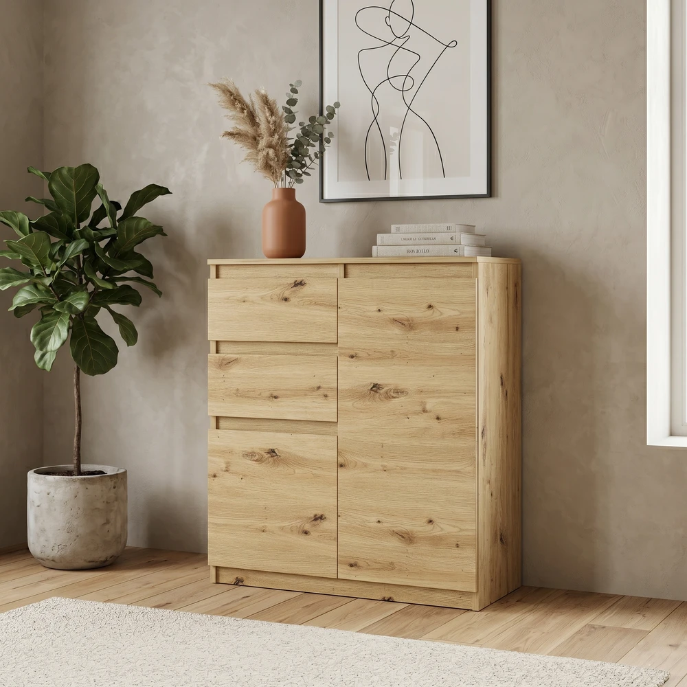 Wysoka biała komoda 80 cm z szufladami i drzwiami EVO Wysoka komoda z szufladami 80 cm i półkami EVO dąb artisan