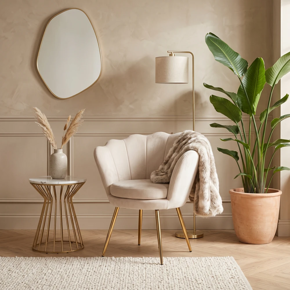 Fotel muszelka do salonu welurowy SHELL beż Fotel muszelka do salonu welurowy beż SHELL glamour