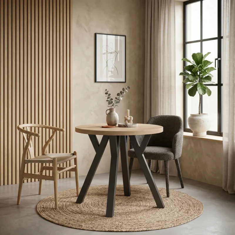Stół okrągły do jadalni 80x80 cm na metalowych nogach LOGAN dąb craft + czarny Stół okrągły do jadalni 80x80 cm na metalowych nogach LOGAN dąb craft + czarny