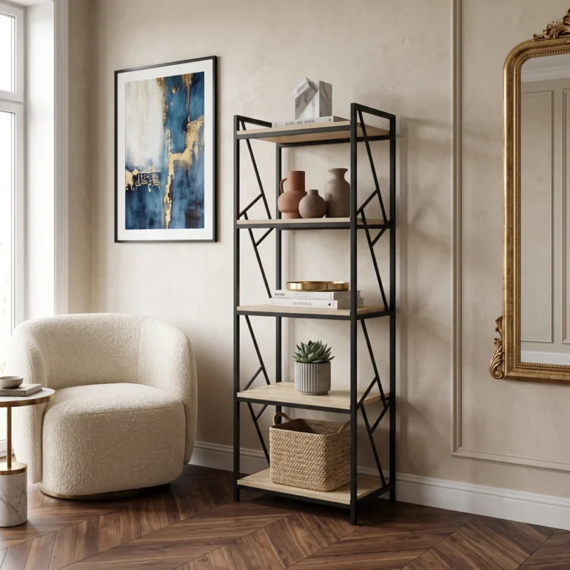 Regał na książki 60 cm do salonu COBLE dąb sonoma + czarny Regał na książki 60 cm do salonu COBLE dąb sonoma + czarny