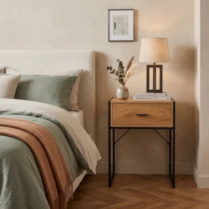 Szafka nocna z szufladą 48 cm na nóżkach SIMBA dąb naturalny + czarny Szafka nocna z szufladą 48 cm na nóżkach SIMBA dąb naturalny + czarny