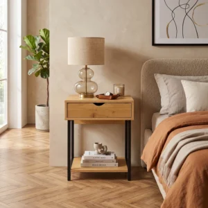 Szafka nocna z szufladą 48 cm na nóżkach ASLY dąb naturalny + czarny Szafka nocna z szufladą 48 cm na nóżkach ASLY dąb naturalny + czarny