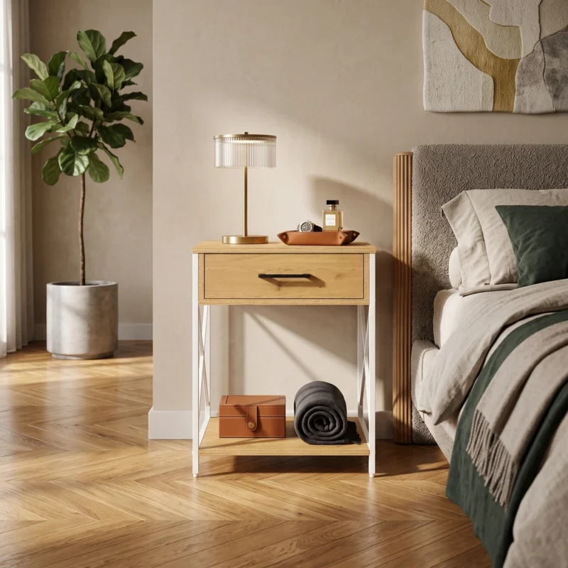 Szafka nocna z szufladą 48 cm na nóżkach BELIO dąb naturalny + biały Szafka nocna z szufladą 48 cm na nóżkach BELIO dąb naturalny + biały