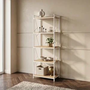 Regał na książki 60 cm do salonu COBLE dąb naturalny + biały Regał na książki 60 cm do salonu COBLE dąb naturalny + biały