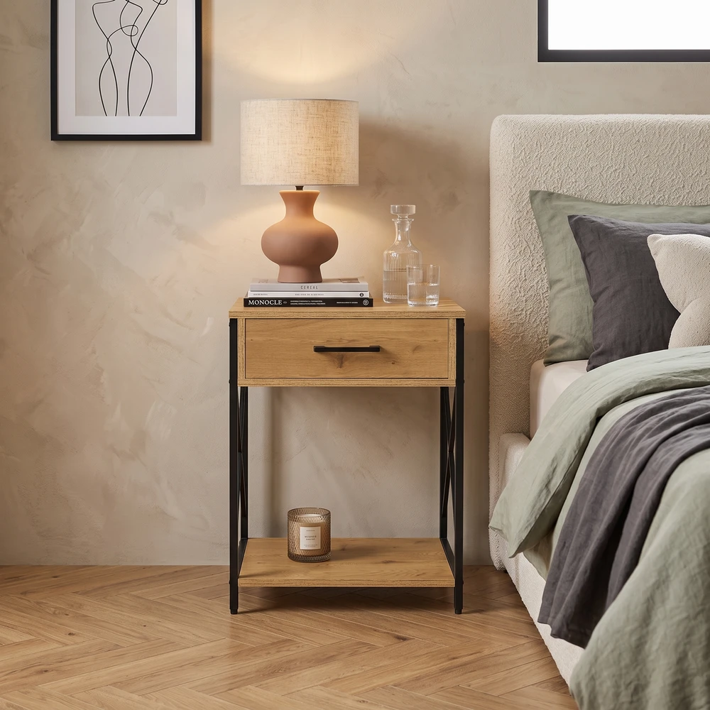 Szafka nocna z szufladą 48 cm na nóżkach BELIO dąb naturalny + biały Szafka nocna z szufladą 48 cm na nóżkach BELIO dąb naturalny + czarny