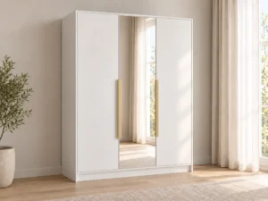 Szafa uchylna z lustrem trzydrzwiowa 150 cm Lumo Biała ze złotymi uchwytami