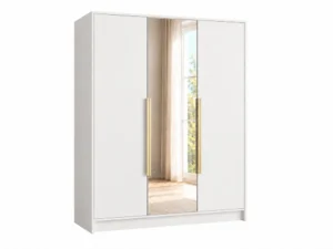 Szafa uchylna z lustrem trzydrzwiowa 150 cm Lumo Biała ze złotymi uchwytami