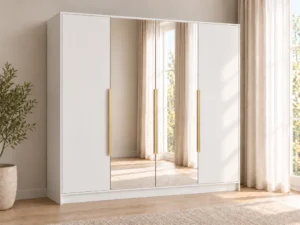 Szafa uchylna z lustrem 200 cm czterodrzwiowa Lumo Biała ze złotymi uchwytami
