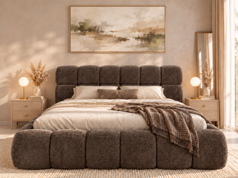 Ciemnobrązowe łóżko w ciepłej sypialni Łóżko tapicerowane 140x200 cm z pojemnikiem i stelażem Bubble brązowe