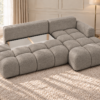Ciepłoszara sofa narożna z otwartym schowkiem Narożnik Soffy prawostronny z funkcją spania i pojemnikiem beżowy boucle