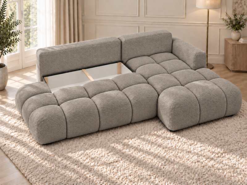 Ciepłoszara sofa narożna z otwartym schowkiem Narożnik Soffy prawostronny z funkcją spania i pojemnikiem beżowy boucle