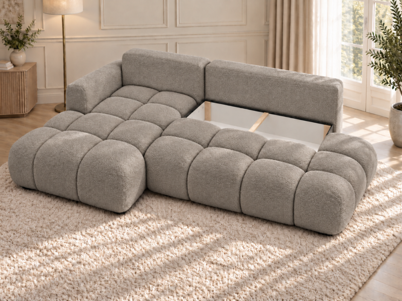 Ciepłoszara sofa narożna z otwartym schowkiem_LEWY Narożnik Soffy lewostronny z funkcją spania i pojemnikiem beżowy boucle