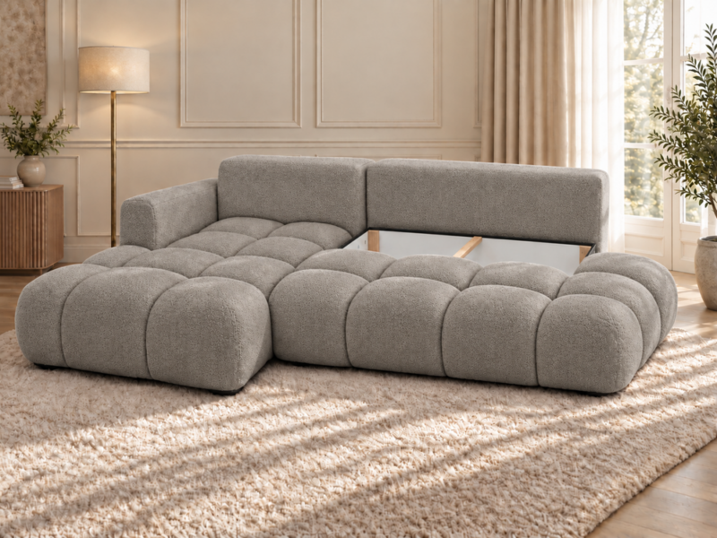 Ciepłoszara sofa w słonecznym wnętrzu_LEWY Narożnik Soffy lewostronny z funkcją spania i pojemnikiem beżowy boucle