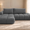 Grafitowa sofa L w eleganckim wnętrzu_LEWY Narożnik Soffy lewostronny z funkcją spania i pojemnikiem ciemnoszary boucle