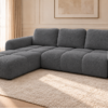 Grafitowa sofa boucle w jasnym salonie Narożnik z funkcją spania i pojemnikiem Milo lewy ciemnoszary boucle