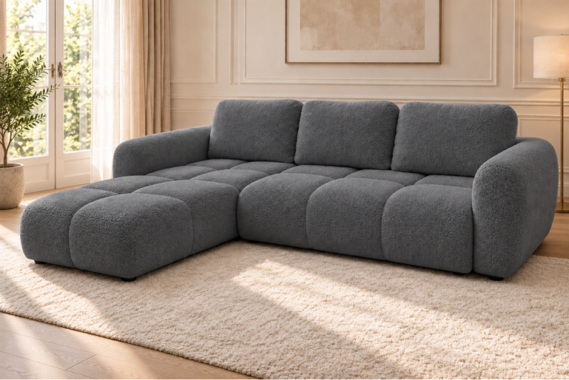 Grafitowa sofa boucle w jasnym salonie Narożnik z funkcją spania i pojemnikiem Milo lewy ciemnoszary boucle