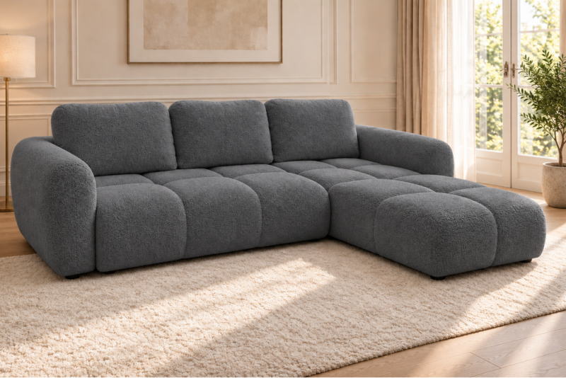 Grafitowa sofa boucle w jasnym salonie_PRAWY Narożnik z funkcją spania i pojemnikiem Milo prawy ciemnoszary boucle