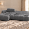Grafitowa sofa modułowa w przytulnym salonie_LEWY Narożnik Soffy lewostronny z funkcją spania i pojemnikiem ciemnoszary boucle
