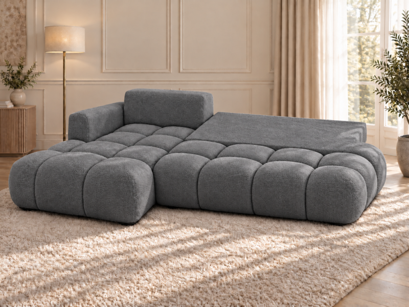 Grafitowa sofa modułowa w przytulnym salonie_LEWY Narożnik Soffy lewostronny z funkcją spania i pojemnikiem ciemnoszary boucle