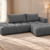 Grafitowa sofa w ciepłym wnętrzu Narożnik Soffy prawostronny z funkcją spania i pojemnikiem ciemnoszary boucle