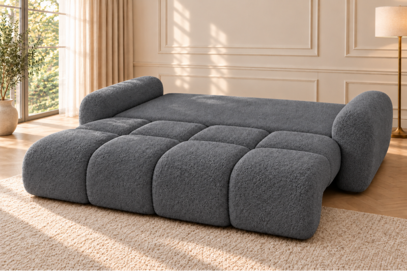 Sofa z funkcją spania i pojemnikiem na pościel Milo ciemnoszara boucle