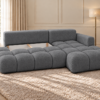 Grafitowa sofa w jasnym salonie Narożnik Soffy prawostronny z funkcją spania i pojemnikiem ciemnoszary boucle