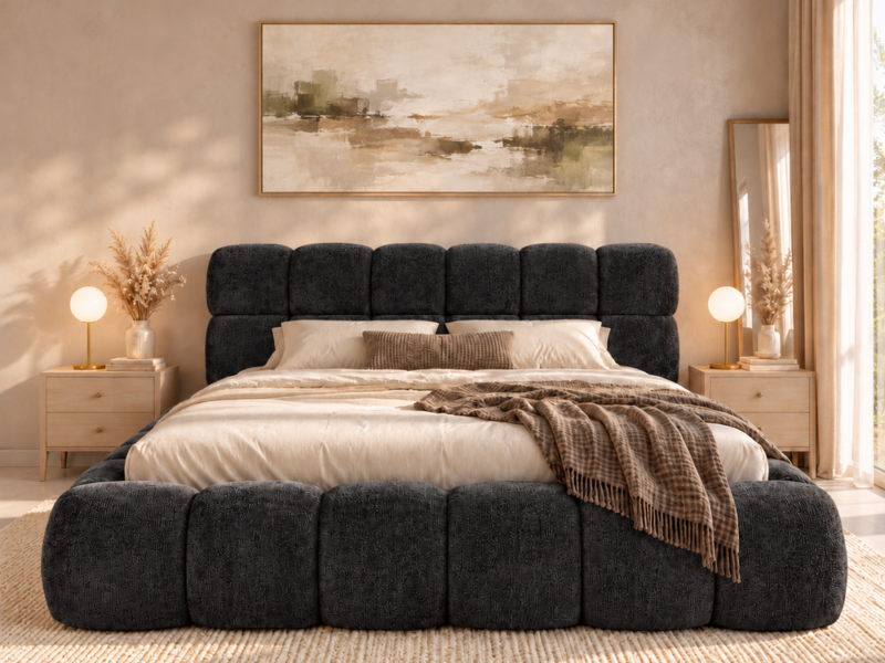 Grafitowe łóżko w beżowej sypialni Łóżko tapicerowane 180x200 cm z pojemnikiem i stelażem Bubble czarne