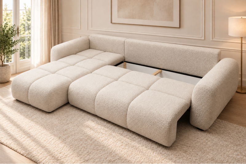 Jasna sofa Agnello z otwartym schowkiem Narożnik z funkcją spania i pojemnikiem Milo lewy kremowy boucle