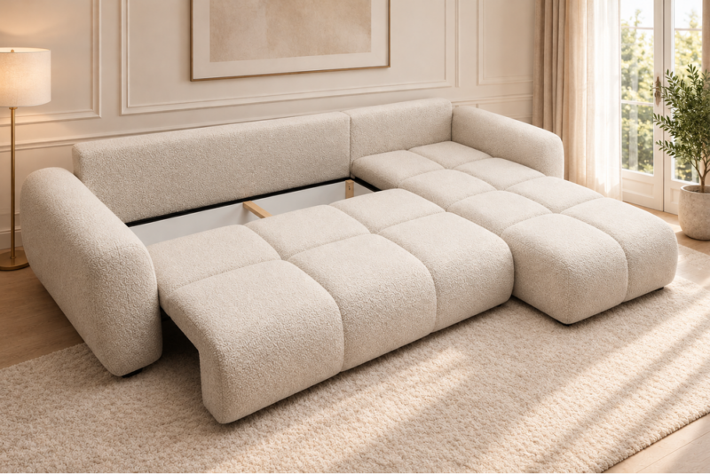 Jasna sofa Agnello z otwartym schowkiem_PRAWY Narożnik z funkcją spania i pojemnikiem Milo prawy kremowy boucle
