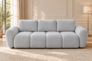 Sofa z funkcją spania i pojemnikiem na pościel Milo szara boucle