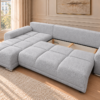 Jasnoszara sofa boucle z otwartym schowkiem Narożnik z funkcją spania i pojemnikiem Aurio lewy szary boucle