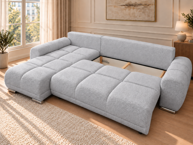 Jasnoszara sofa boucle z otwartym schowkiem Narożnik z funkcją spania i pojemnikiem Aurio lewy szary boucle