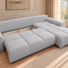 Jasnoszara sofa boucle z otwartym schowkiem_PRAWY Narożnik z funkcją spania i pojemnikiem Aurio prawy szary boucle