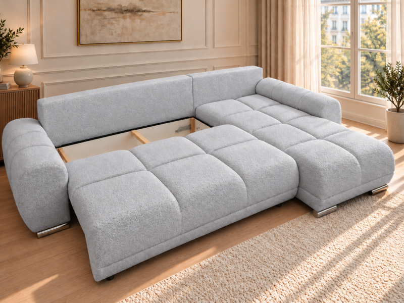 Jasnoszara sofa boucle z otwartym schowkiem_PRAWY Narożnik z funkcją spania i pojemnikiem Aurio prawy szary boucle