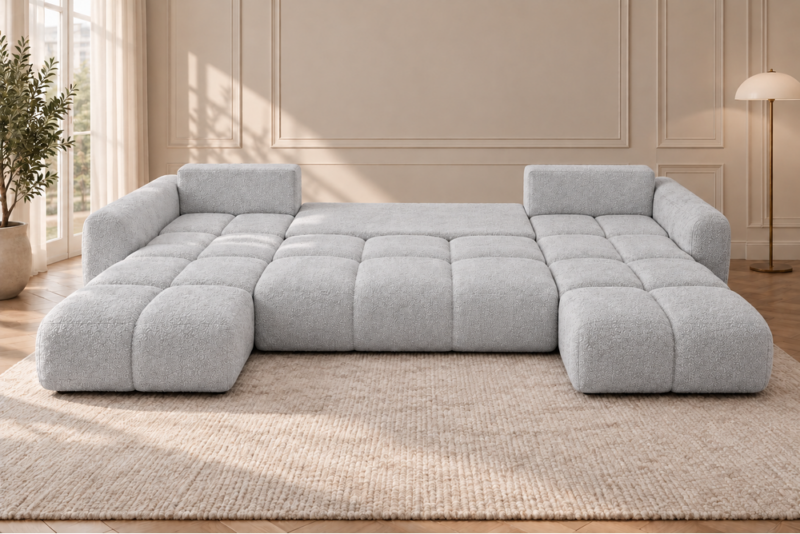Jasnoszara sofa w pozycji do spania Narożnik z funkcją spania i pojemnikiem Milo U szary boucle