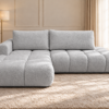 Jasnoszara sofa w słonecznym salonie_LEWY Narożnik Soffy lewostronny z funkcją spania i pojemnikiem szary boucle