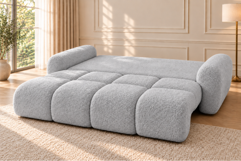 Sofa z funkcją spania i pojemnikiem na pościel Milo szara boucle