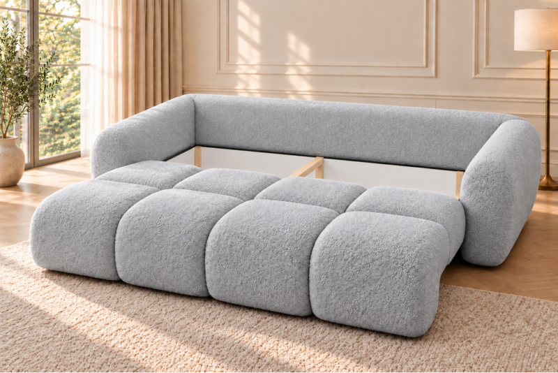 Jasnoszara sofa z otwartym schowkiem Sofa z funkcją spania i pojemnikiem na pościel Milo szara boucle