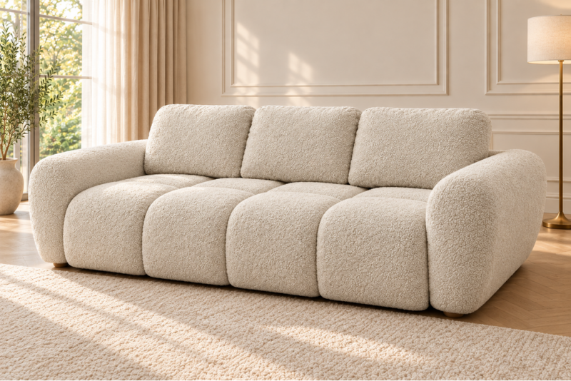 Kremowa sofa Agnello pod kątem Sofa z funkcją spania i pojemnikiem na pościel Milo kremowa boucle