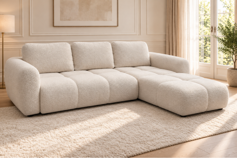 Kremowa sofa Agnello, widok trzy czwarte_PRAWY Narożnik z funkcją spania i pojemnikiem Milo prawy kremowy boucle